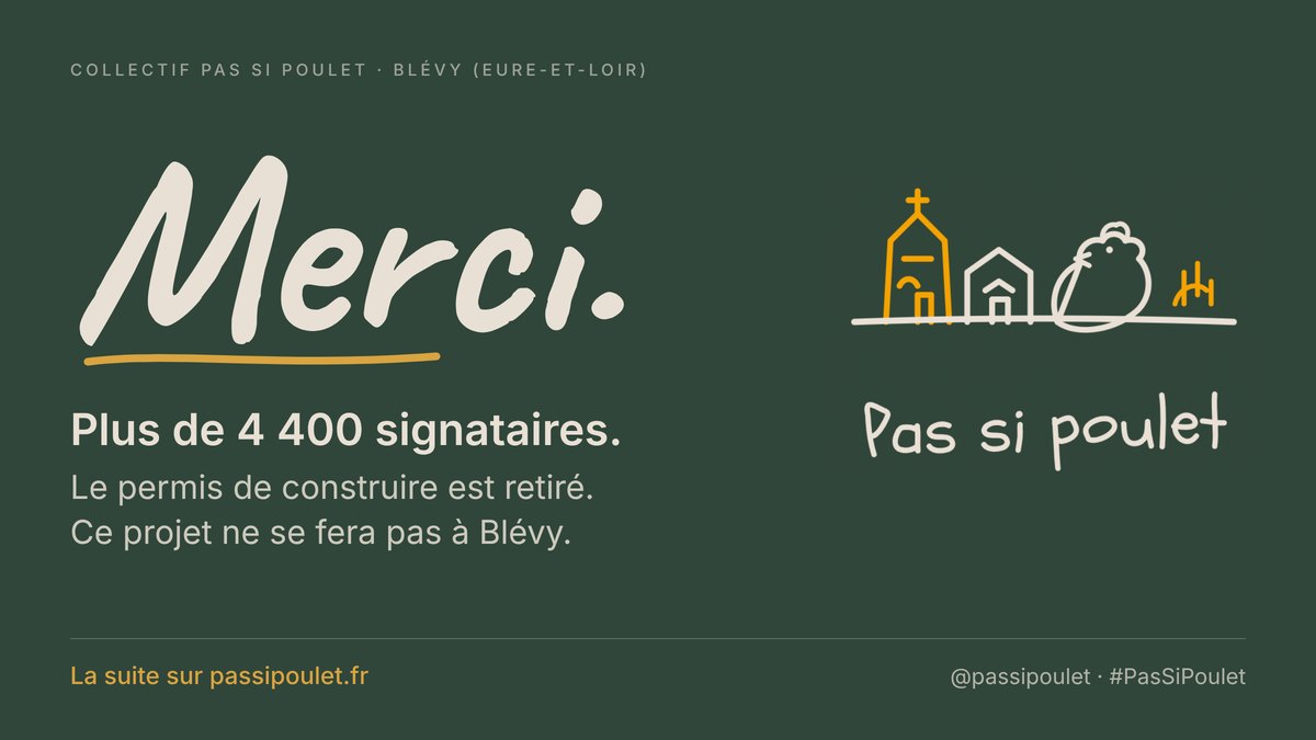 Merci. Plus de 4 400 signataires. Le permis de construire est retiré. Ce projet ne se fera pas à Blévy. Collectif Pas si poulet.